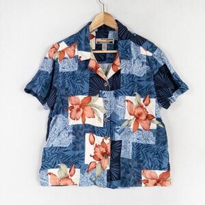 Sunset Cove Shirt Women Large Blue Floral Button Up Rayon Hawaiian Short Sleeve